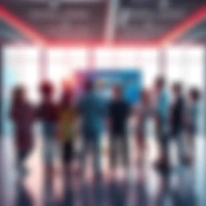 A group of diverse people discussing the Nova interface and its features in a bright office setting.