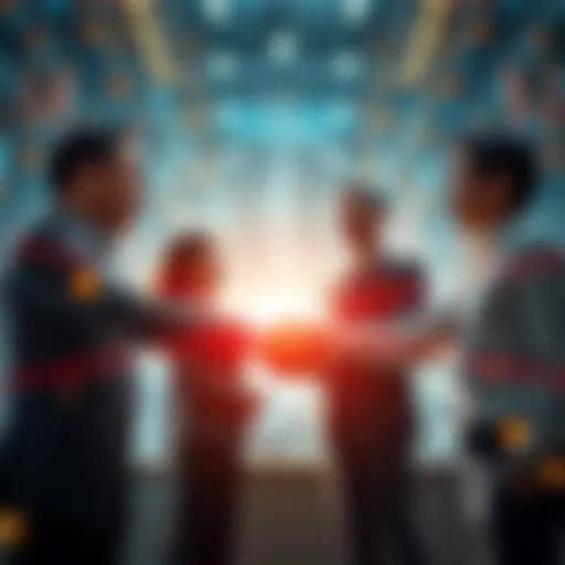 NTT and Theta representatives shaking hands with telecom technology in the background