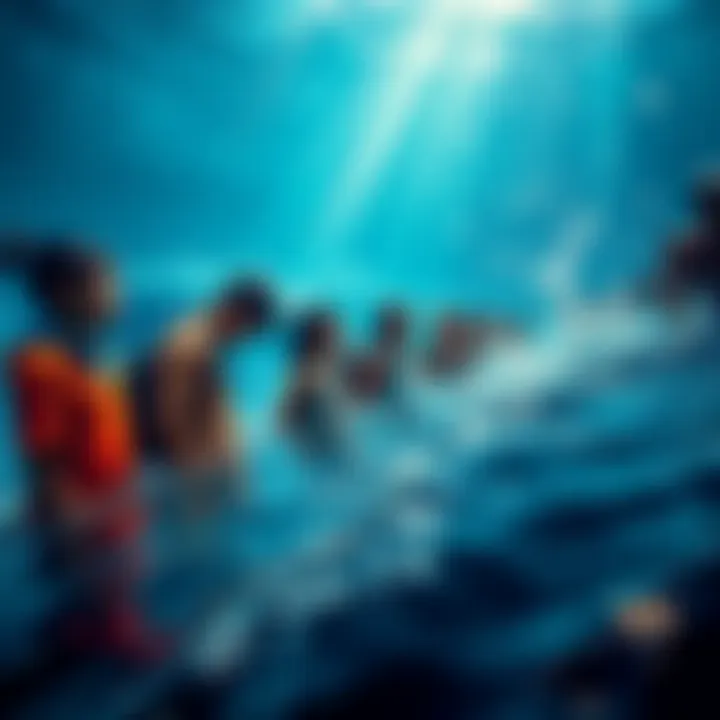 A vibrant ocean scene where young people and adults interact, sharing ideas and experiences related to Iam14andthisisdeep, reflecting cultural connections.