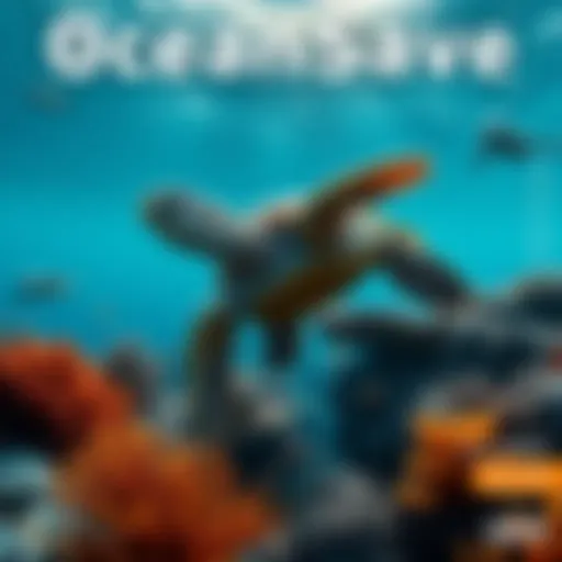 A visual representation of ocean conservation efforts, featuring sea turtles and coral reefs, with a blockchain symbol for transparency.