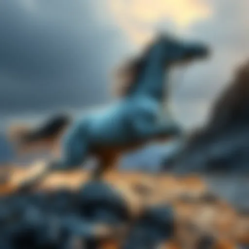 A majestic eight-legged horse called Sleipnir, symbolizing speed and strength, galloping across a rugged landscape. Odin watches proudly from the side.