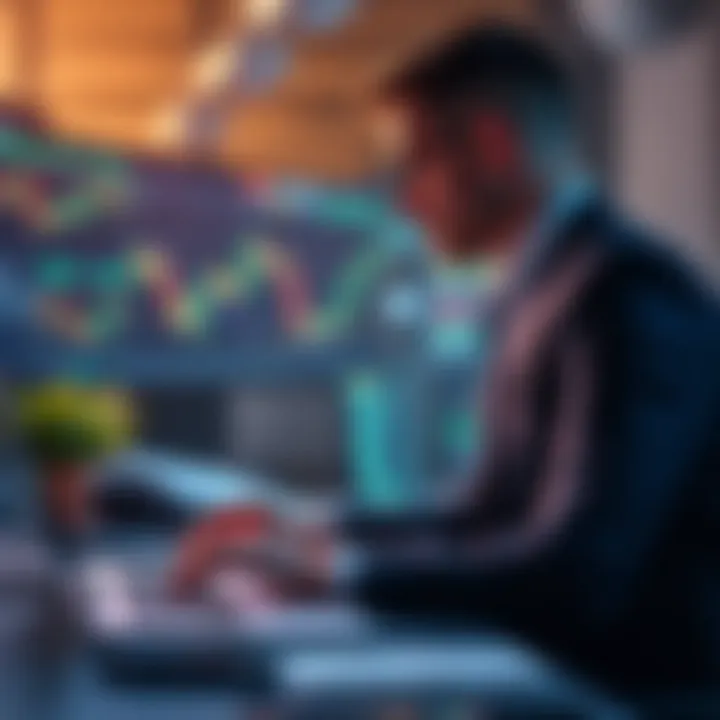 A person in business attire looking at cryptocurrency charts on a laptop at a desk
