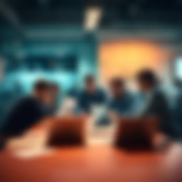 Office Workers Collaborating A group of office workers collaborating around a table with laptops and documents, showcasing teamwork in a modern workplace.