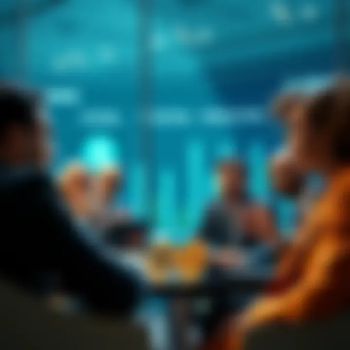 A group of diverse professionals discussing challenges in securing a US bank account for offshore crypto investments