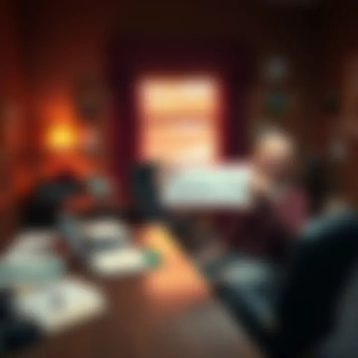 A small-town mayor's office with a desk, papers, and a smiling resident holding a check representing mayoral income.