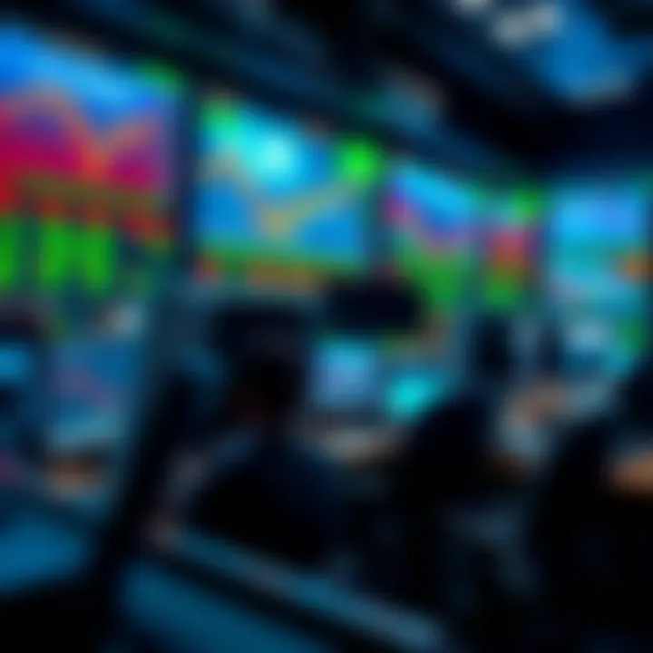 A trader monitors oil prices on multiple screens in a busy trading room, reflecting concerns over recent trading patterns before major announcements.