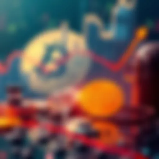 An upward trend graph representing the rise of oil trading on Hyperliquid, with Bitcoin in the background.