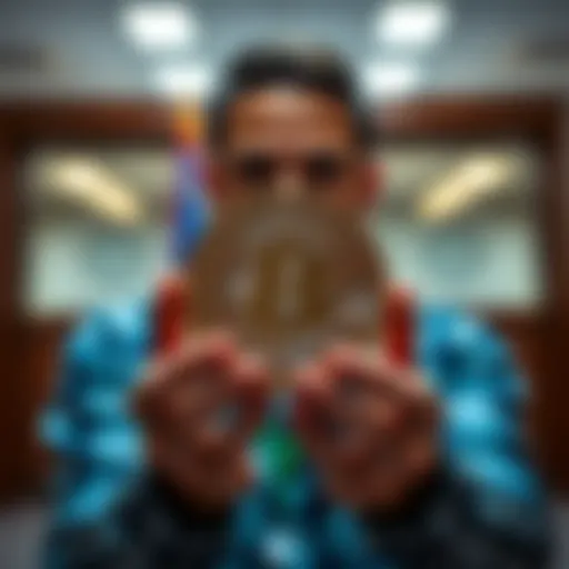 A state employee holds a Bitcoin symbol, representing the new legislation for accepting Bitcoin payments in Oklahoma.