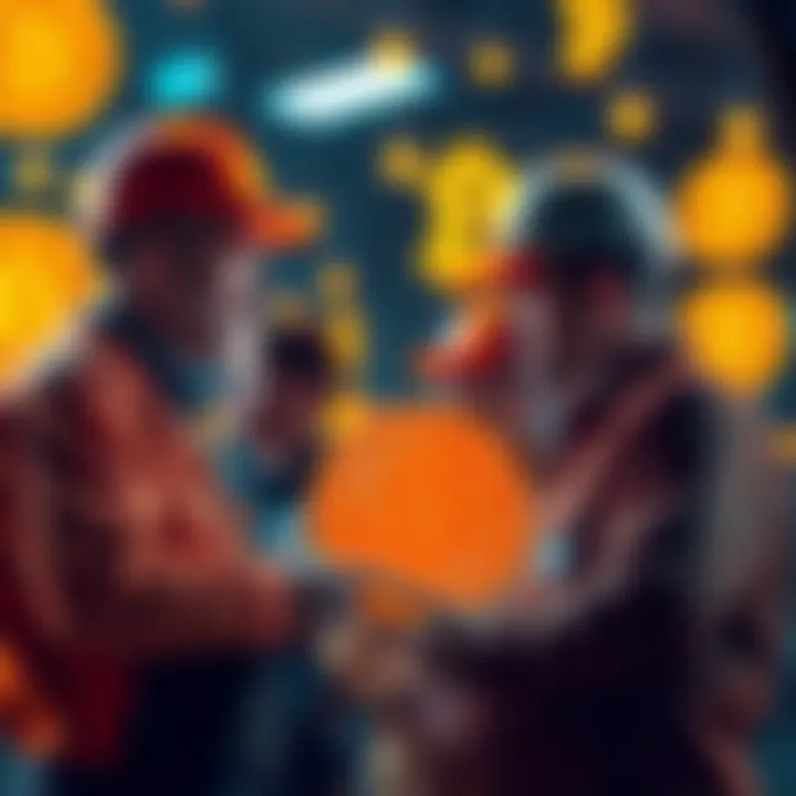 Oklahoma state workers discussing Bitcoin payments with digital currency symbols in the background