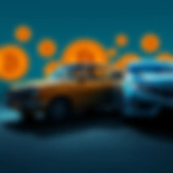 An old Tacoma and Civic parked side by side with Bitcoin symbols in the background, representing the choice of genuine wealth over flashy appearances.