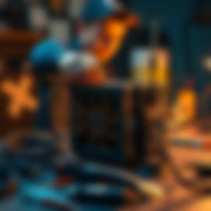 A person setting up an old MNTD gold miner with an ASUS WiFi antenna on a table surrounded by tools and cables.