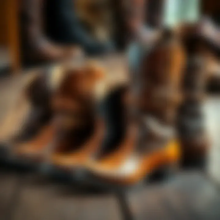 A display of new Old World Russet Harness boots showcasing various unique styles and colors on a wooden surface.