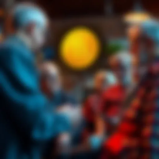 A group of older men and women sharing thoughts on Bitcoin and cryptocurrency in a casual setting.