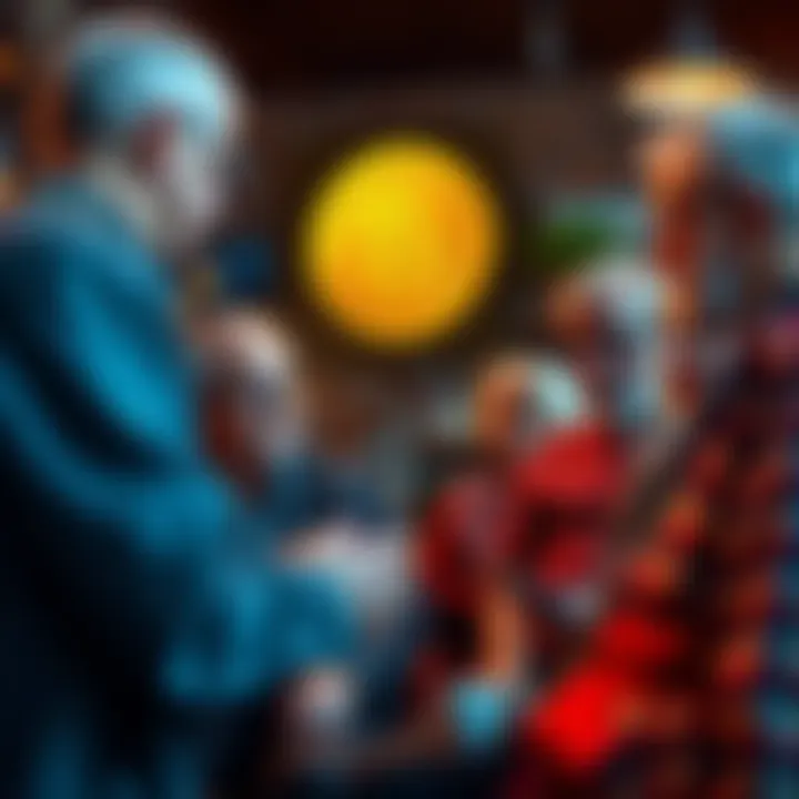 A group of older men and women sharing thoughts on Bitcoin and cryptocurrency in a casual setting.