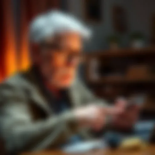 An older man using a hardware wallet to manage his Bitcoin investments at home.