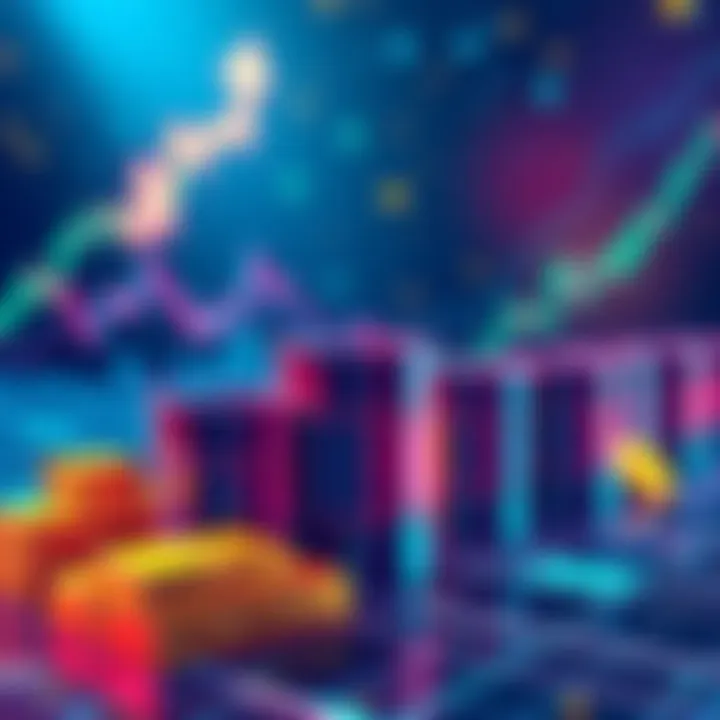 A digital illustration showing commodities like oil barrels and gold bars being traded on a blockchain network, with graphs representing market trends.