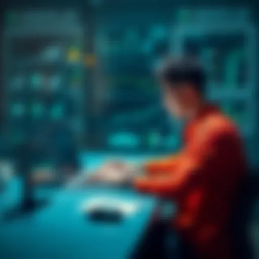 A person sitting at a desk using a laptop to query on-chain data easily, with charts and data visuals on the screen.