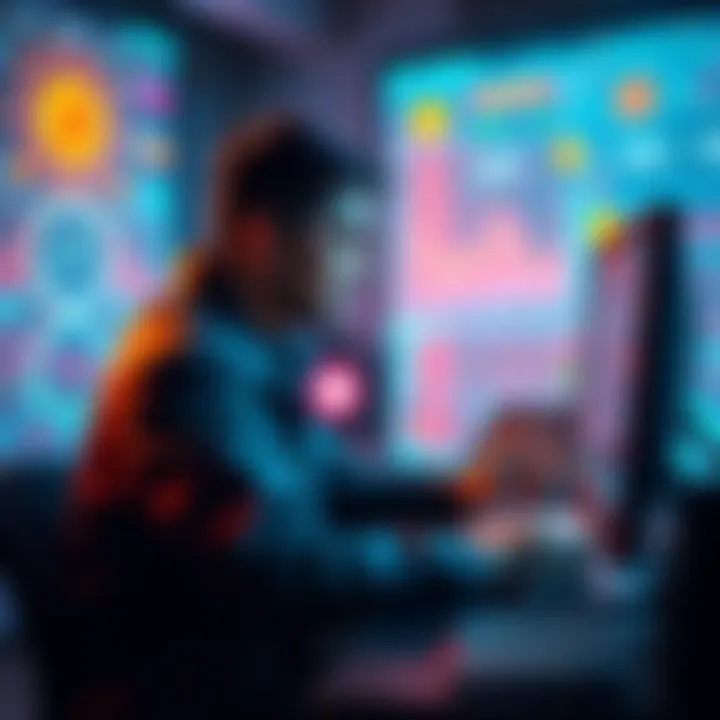 A person analyzing blockchain data on a computer, surrounded by crypto-related graphics