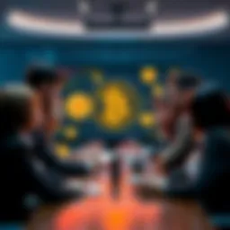 A diverse team of people discussing cryptocurrency onboarding strategies with Bitcoin and satoshis graphics on a screen.