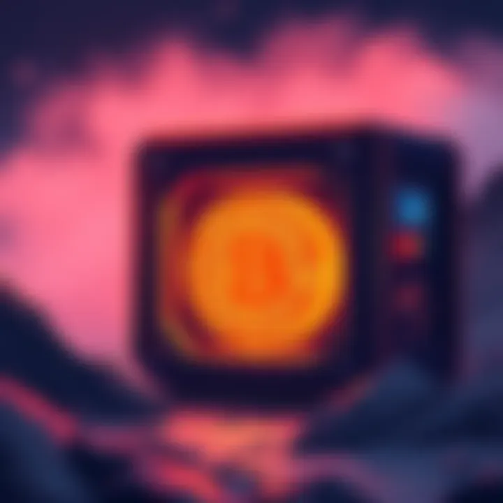 An illustration depicting a digital miner device with a glowing Bitcoin symbol, showcasing its claim to generate BTC rewards every ten minutes.