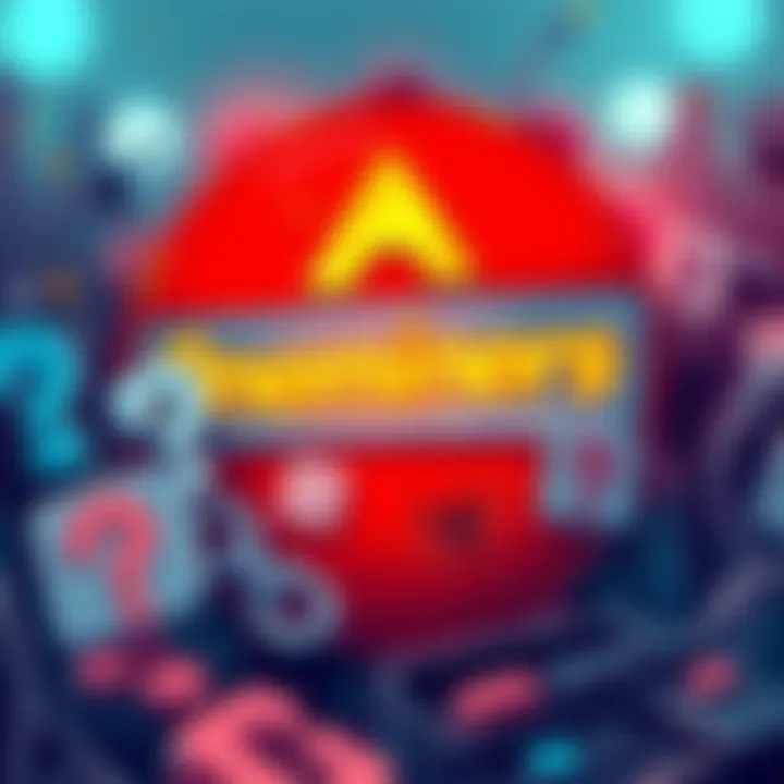 Illustration showing a warning sign with Oneminers.com logo and symbols of distrust like question marks and broken links