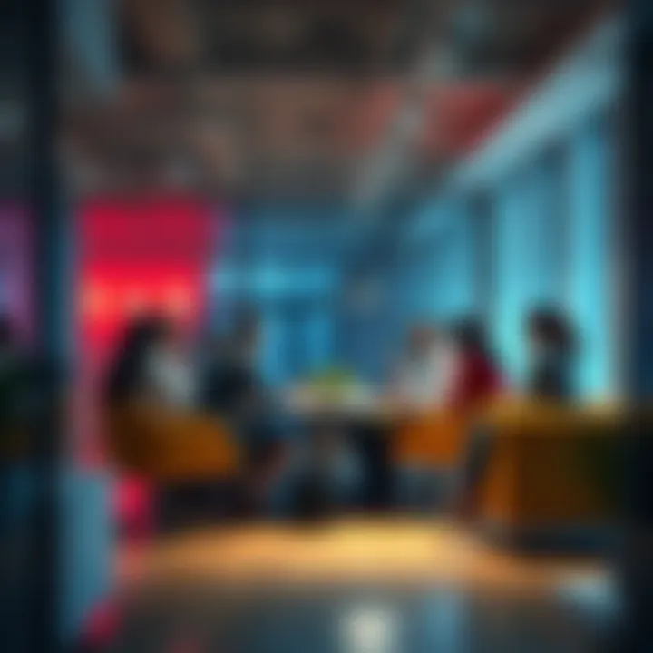 A group of people working together in a modern office space with open seating, sharing ideas and resources.