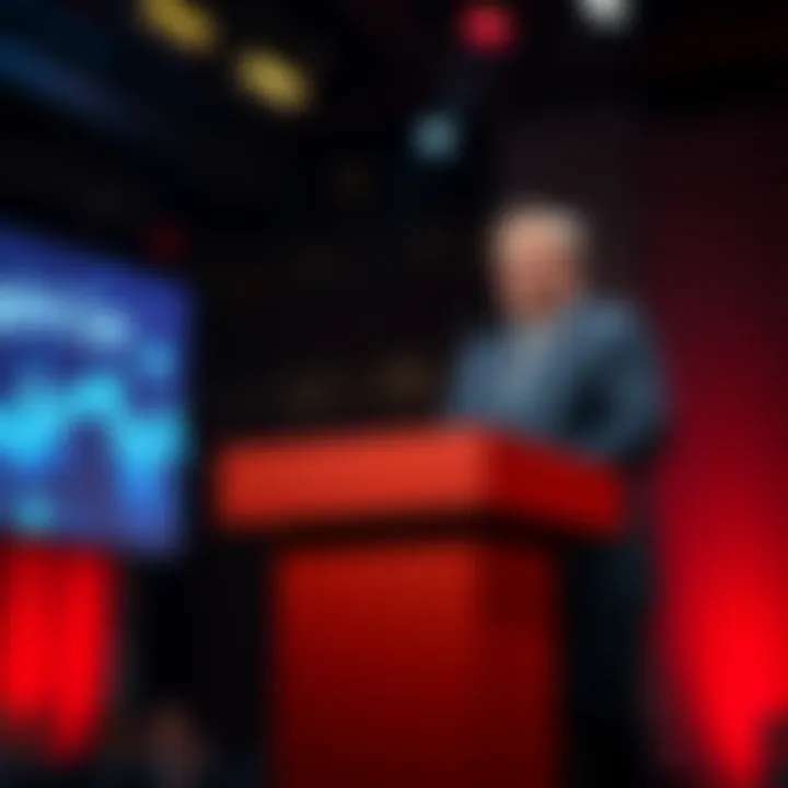 Optimism CEO Announcement Optimism CEO standing behind a podium with a bold new strategy presentation