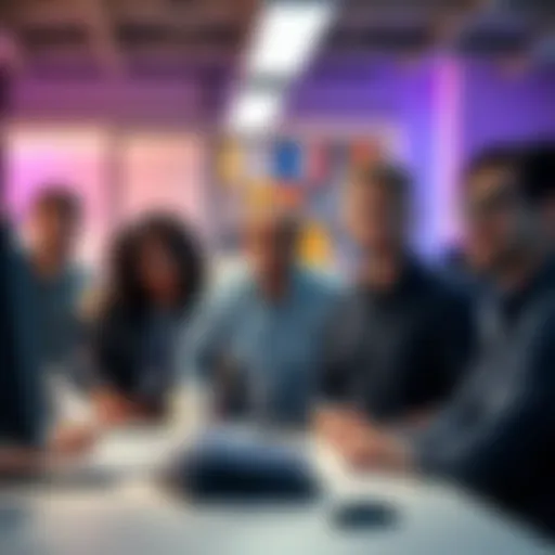 A group of employees looking concerned in an office setting with papers and computers around, reflecting the job cuts at Optimism during their shift in strategy.