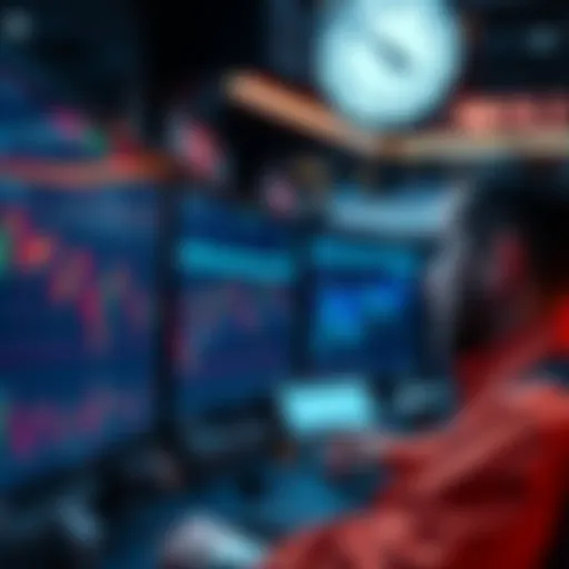 A trader looking at stock charts on multiple screens, with a clock showing different time zones.