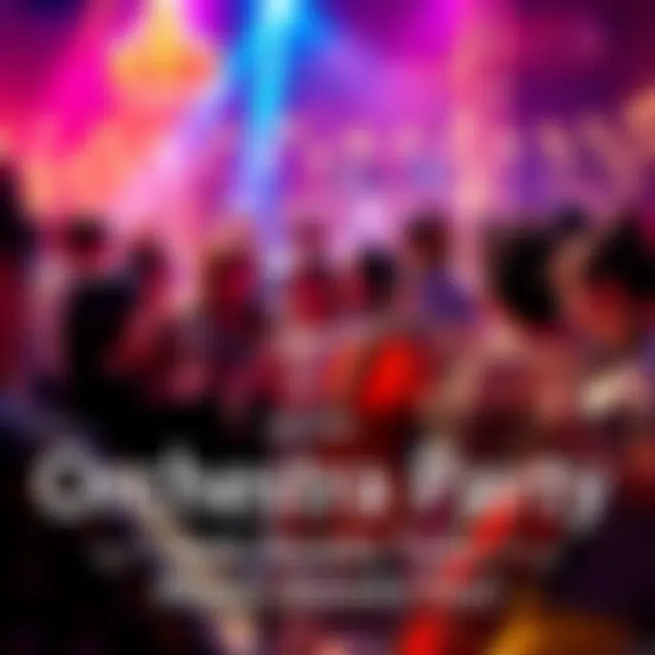 A lively group of people playing various musical instruments at an orchestra party, celebrating music together.