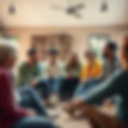 A group of diverse individuals sitting in a circle sharing their life stories with smiles and attentiveness, highlighting community connection and support.