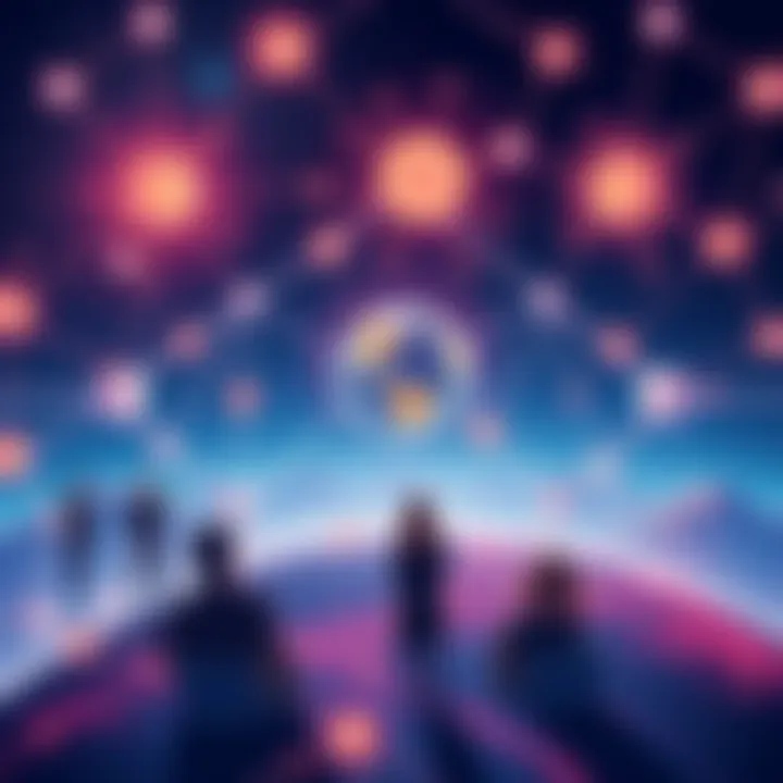 Illustration of Osmosis proposing a merger with Cosmos Hub, showing interconnected chains and governance discussions among stakeholders.