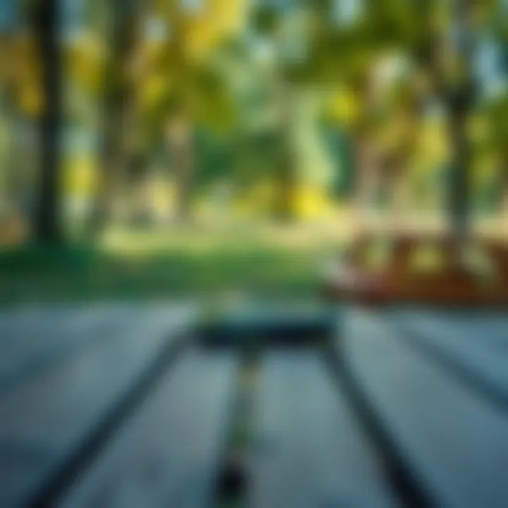 A portable outdoor hotspot device placed on a picnic table in a park, surrounded by nature.