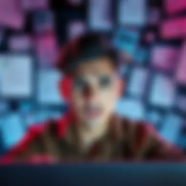 A person looks stressed while surrounded by various survey forms and notifications on a screen.