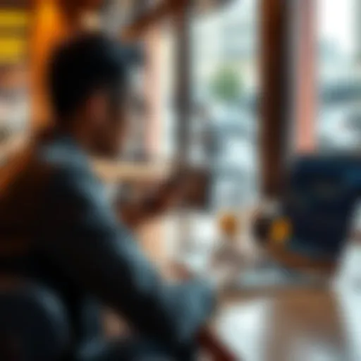 A person using a smartphone to engage in peer-to-peer Bitcoin trading while sitting at a café table with a laptop open, showing charts and graphs of Bitcoin prices.