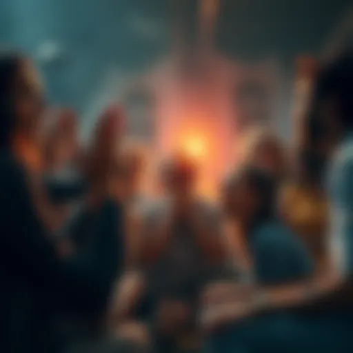 A group of people expressing their struggles and emotions in a community setting, highlighting the impact of pain on individuals and relationships.