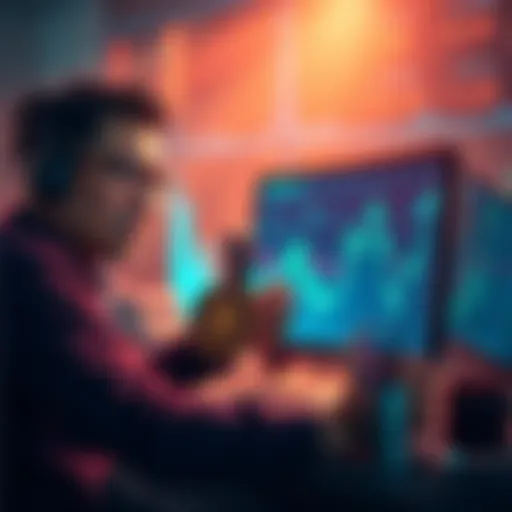 A digital marketer looking distressed while selling Pi coins on a computer, with a graph showing declining prices in the background.