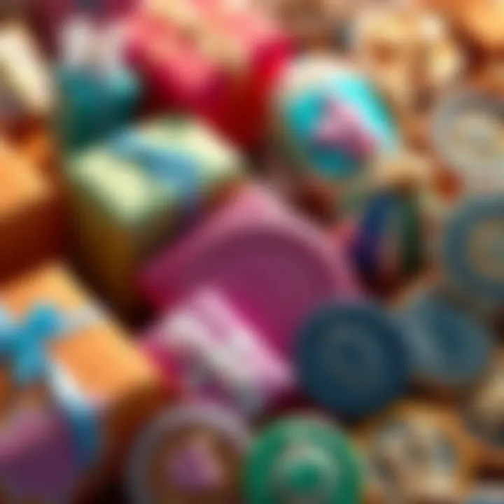 A collection of bright parcels next to shiny badges, highlighting the choice between saving for parcels or badges.