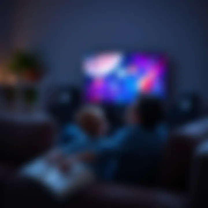 A parent and child sitting on a couch, watching the Cosmos show on a TV. They both look intrigued and curious, with a book about space beside them.