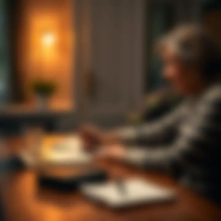 A parent sits at a table with a notebook, calculating finances for their child's future.