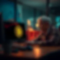 A concerned parent sits at a table with a Bitcoin symbol on a computer screen, looking thoughtful about their financial decisions for their children.