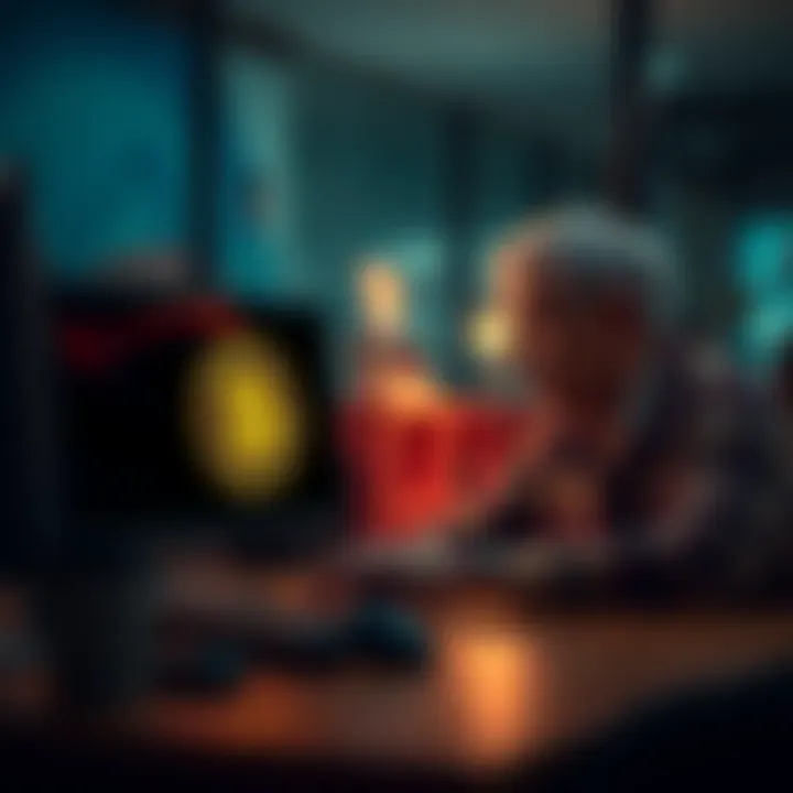 A concerned parent sits at a table with a Bitcoin symbol on a computer screen, looking thoughtful about their financial decisions for their children.