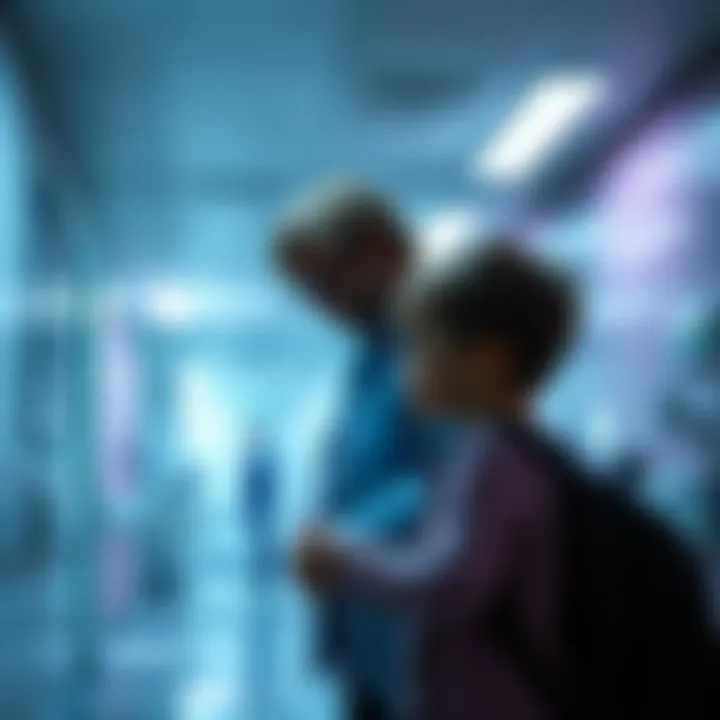 Frustrated parent in a hospital in Spain holding their child's hand, looking distressed while waiting for medical assistance