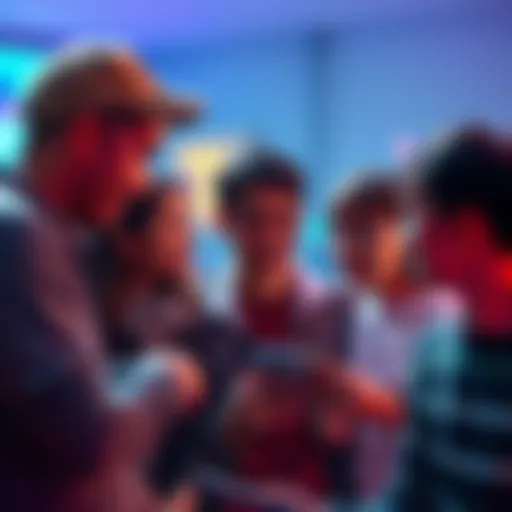 A group of parents talking with concern about a recurring UI glitch affecting their kids' devices.