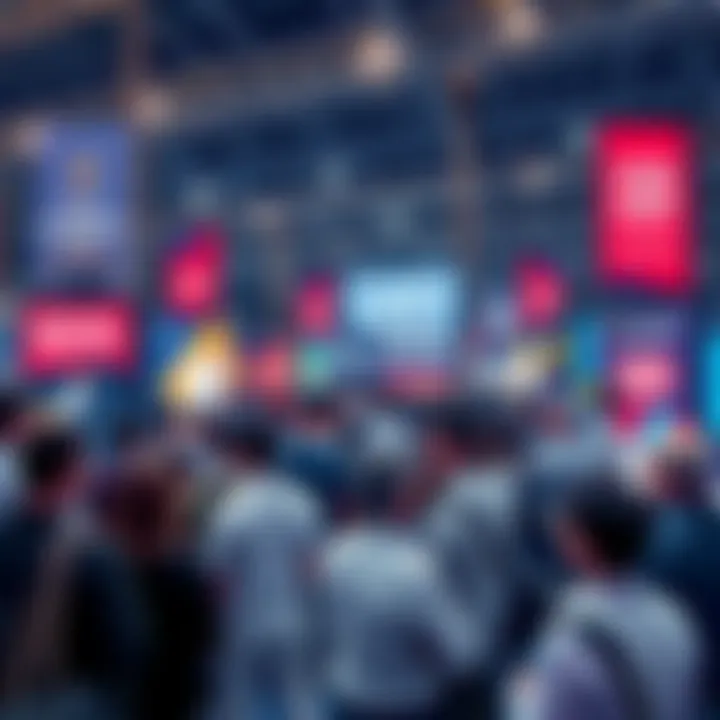 A group of people discussing blockchain technology at Paris Blockchain Week 2026, surrounded by banners showcasing innovations like decentralized identity and tokenization.