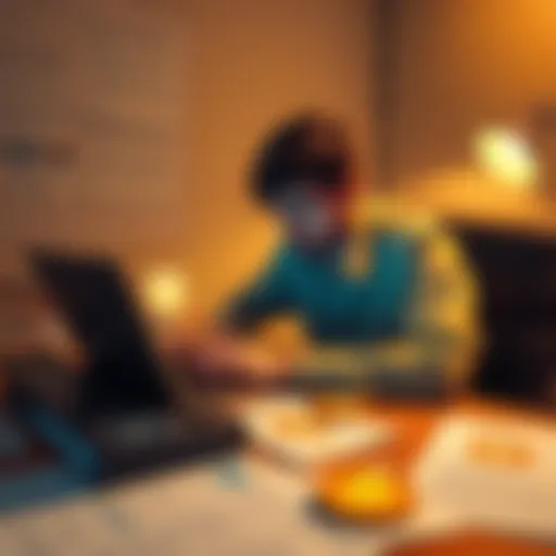 A person sitting at a desk, looking frustrated while using a laptop with Bitcoin logos on the screen, surrounded by papers and notes about cryptocurrency recovery options.