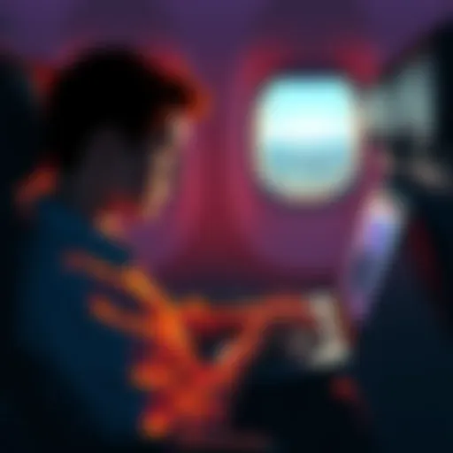 A passenger on a plane accessing an online account with a laptop, contemplating risks of account flags during travel