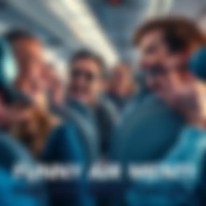 Group of passengers sharing a funny moment on an aircraft, smiling and laughing together