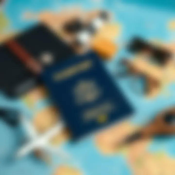 A passport placed on a travel-themed background with a plane, globe, and travel accessories
