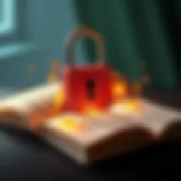 A graphic showing a lock combined with musical notes and book pages, symbolizing risks of using song lyrics and quotes as passwords.